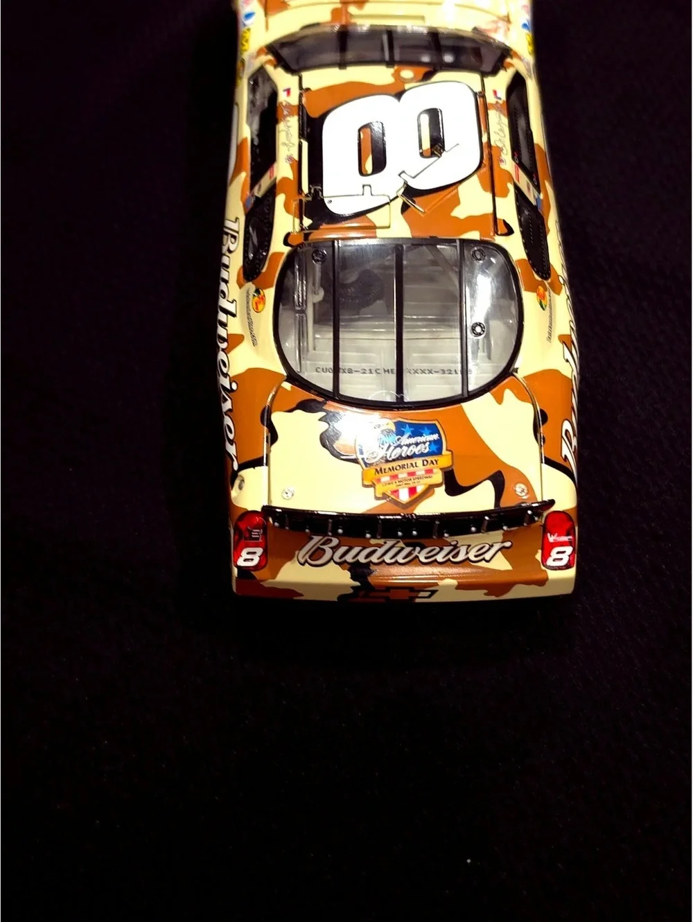 Budweiser #8 NASCAR Diecast Model Car with Camouflage Design